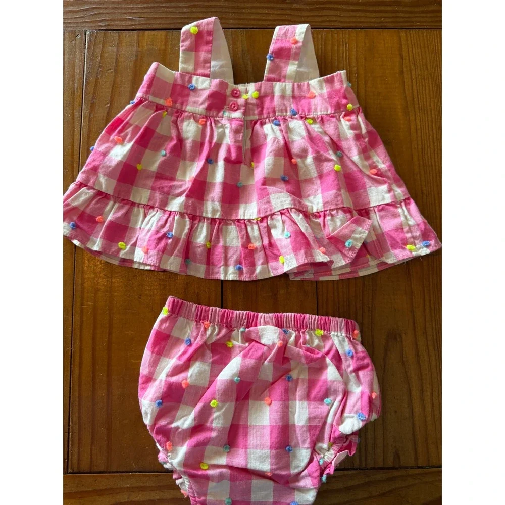 Baby Gap Pink Gingham Pom Pom Top and Bloomers Set 0-3 Months Kids